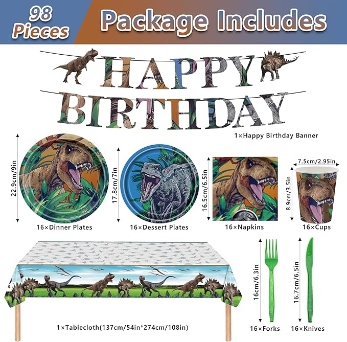98PCS Dinosaur Birthday Party Supplies Dinosaur Party Tableware Set