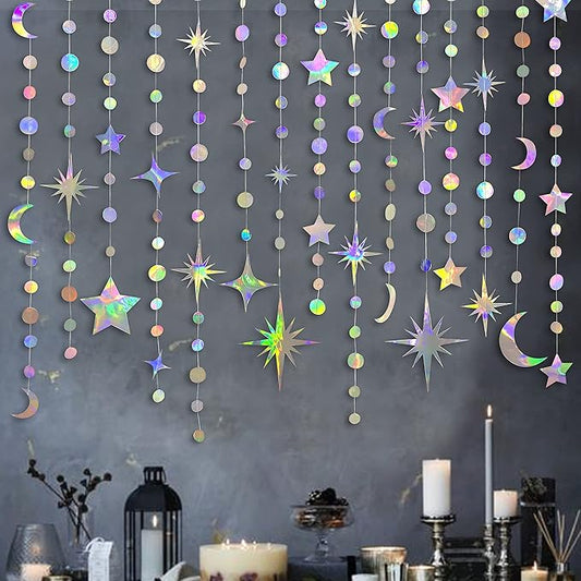 Iridescent Star Moon Circle Dot Garland Party Decoration Kit Hanging