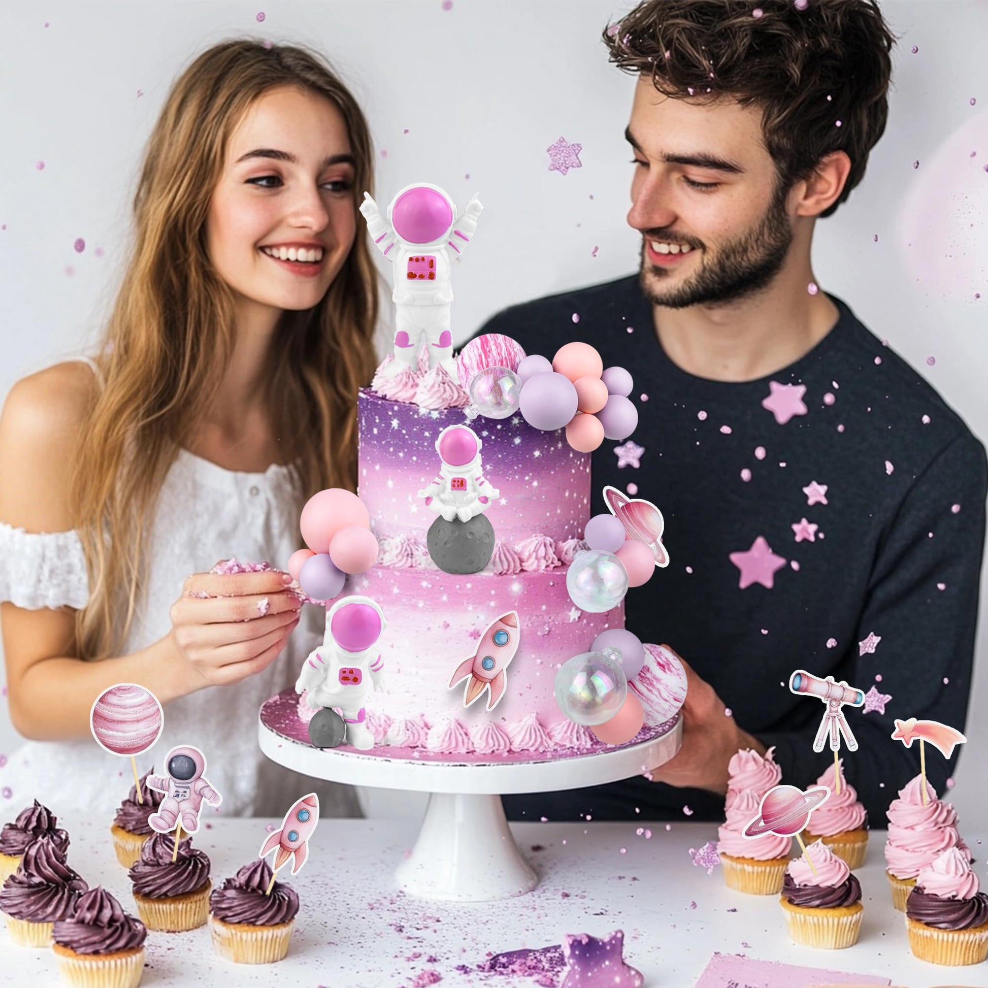 27 PCS Pink Space Cake Toppers Astronaut Figurines Outer Space