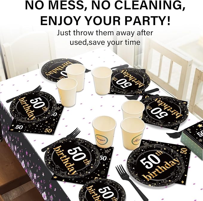 50th Birthday Party Supplies Serves 24 Black and Gold 50 Years Old