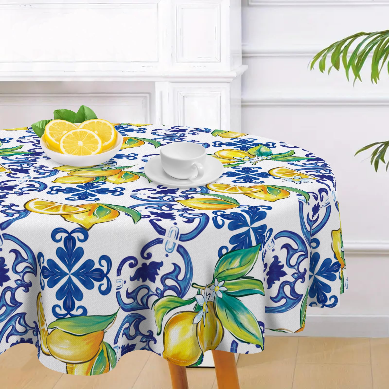 Livcoz Blue Lemon Italy Tile Pattern Round Tablecloth 70 x 70 Inches,
