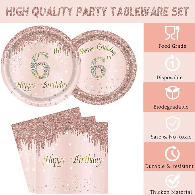 24 Sets 6th Rose Gold Birthday Party Decrations for Girls 6 Birthday