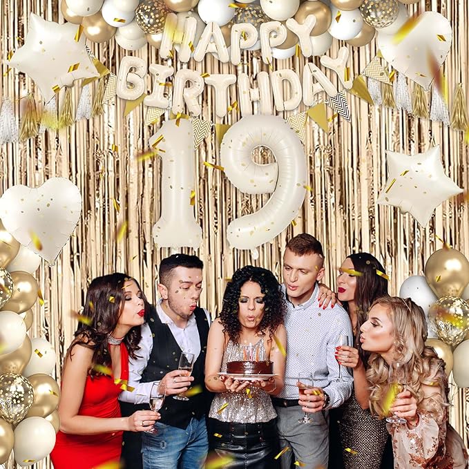 19th Birthday Decorations for Girls Women, White and Gold 19 Boho