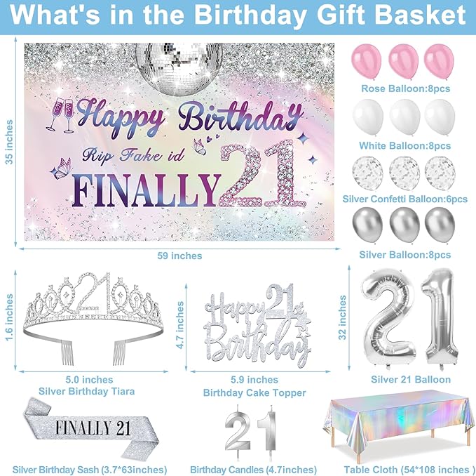 21st Birthday Decorations for Her with Finally 21 Banner Iridescence