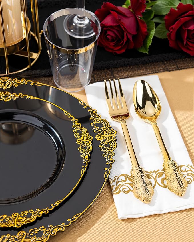 Nervure 350PCS Black Plastic Plates - Black Plastic Dinnerware Sets
