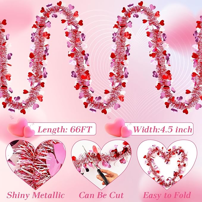 66 FT Valentine's Day Tinsel Garland Decor Red White Pink Heart