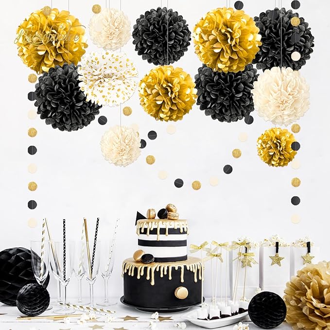Black Gold Party Decorations 15 PCS Tissue Paper Pom Poms Kit for