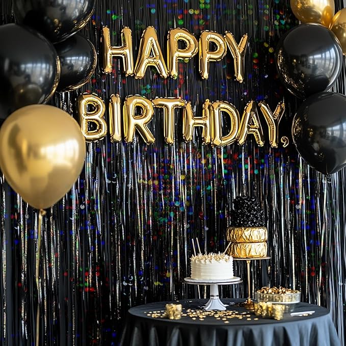 4 Packs Black Foil Fringe Curtain, Glitter Metallic Tinsel Backdrop