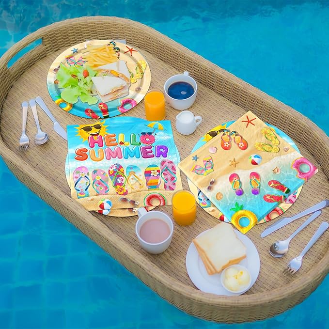 Beach Party Decorations 60 Pcs Hello Summer Flip Flop Decor Plates &