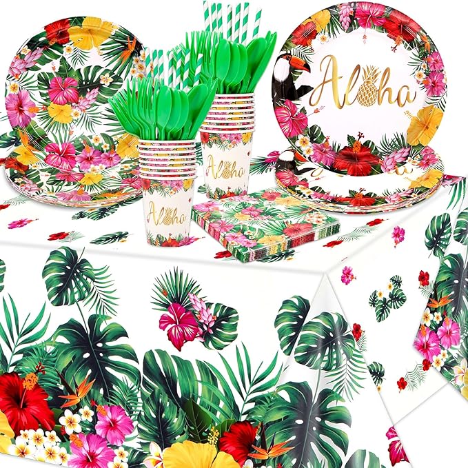 133 PCS Hawaiian Aloha Party Supplies Disposable Dinnerware Set