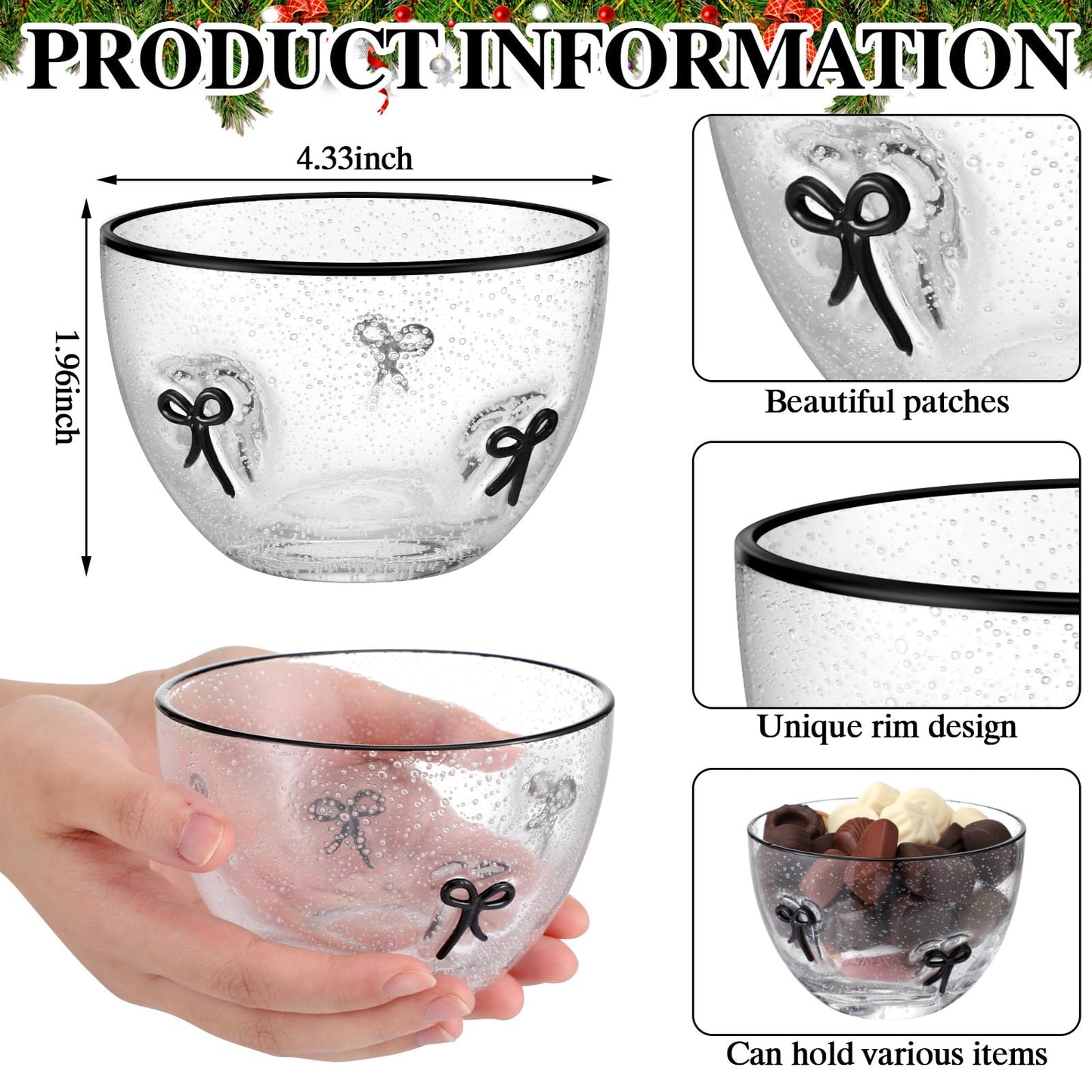 Potchen 2 Pcs Black Bow Candy Bowl Dish, 14oz Glass Dessert Bowls with