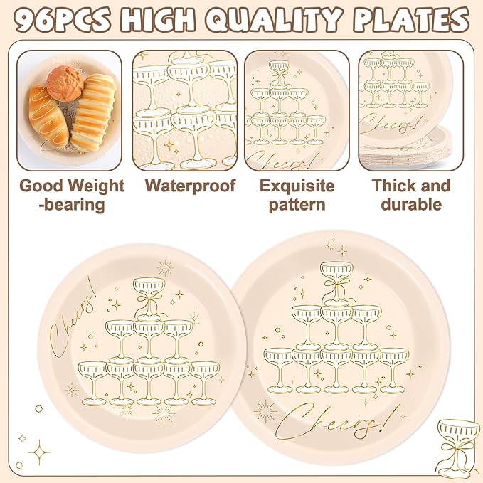 96PCS Champagne Tower Birthday Paper Plates Napkins Bachelorette