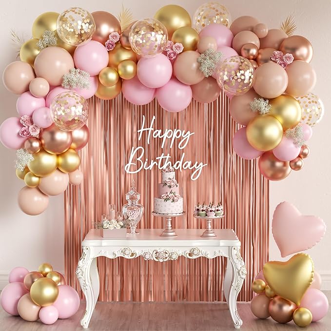 157PCS Rose Gold Balloon Garland Arch Kit with Fringe Curtain for