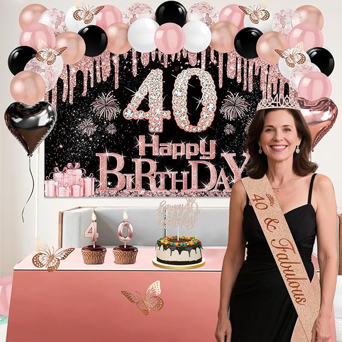 40th Birthday Decorations Women 49pcs Black Rose Gold Black Happy