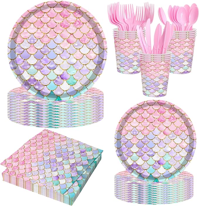 168 Pcs Mermaid Birthday Party Decorations Plates Set for 24 Guests