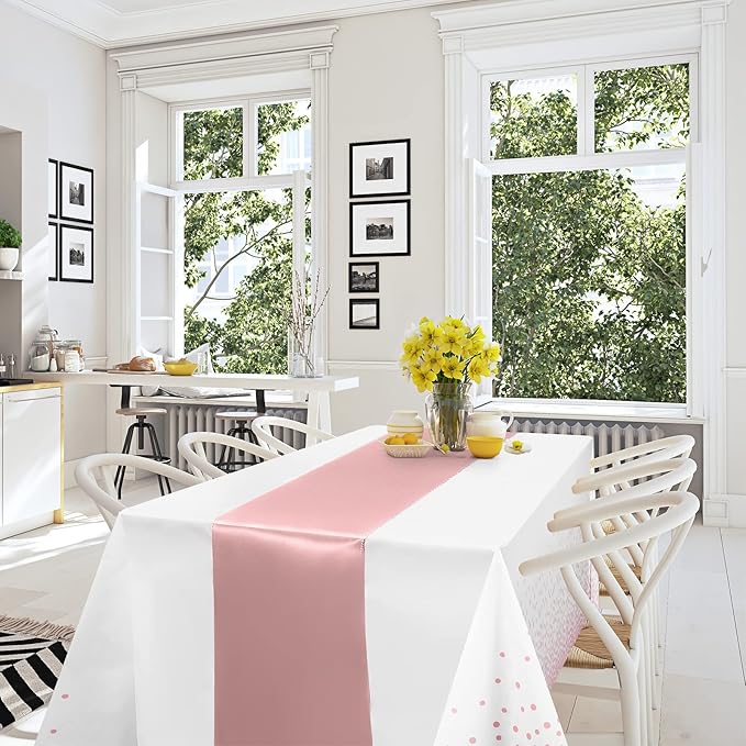 8Pack Disposable Plastic Tablecloths and Satin Table Runner Set White