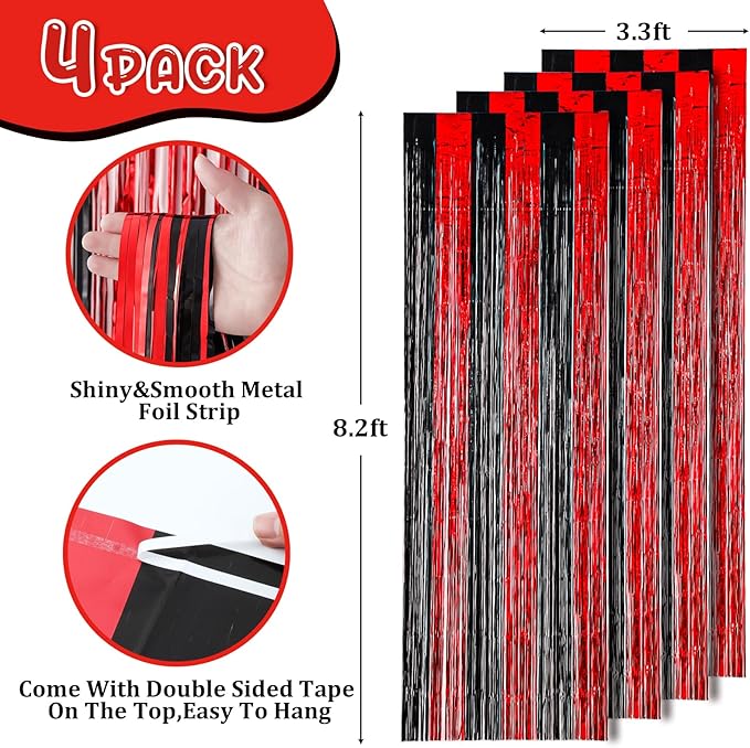 Voircoloria 4 Pack 3.3x8.2 Feet Red and Black Foil Fringe Backdrop