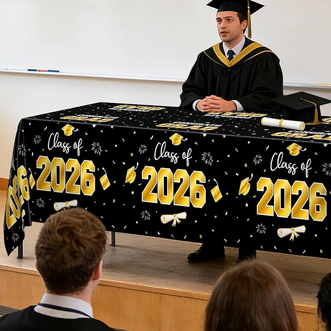 QZYL 4 Pack Graduation Decorations, 54" x 108" Black and Gold