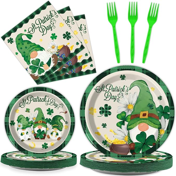 96 Pcs St Patrick's Day Plates and Napkins Green Shamrock Gnome