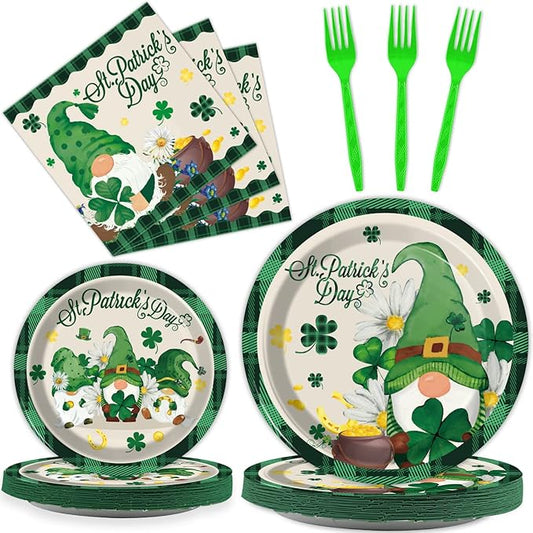 96 Pcs St Patrick's Day Plates and Napkins Green Shamrock Gnome