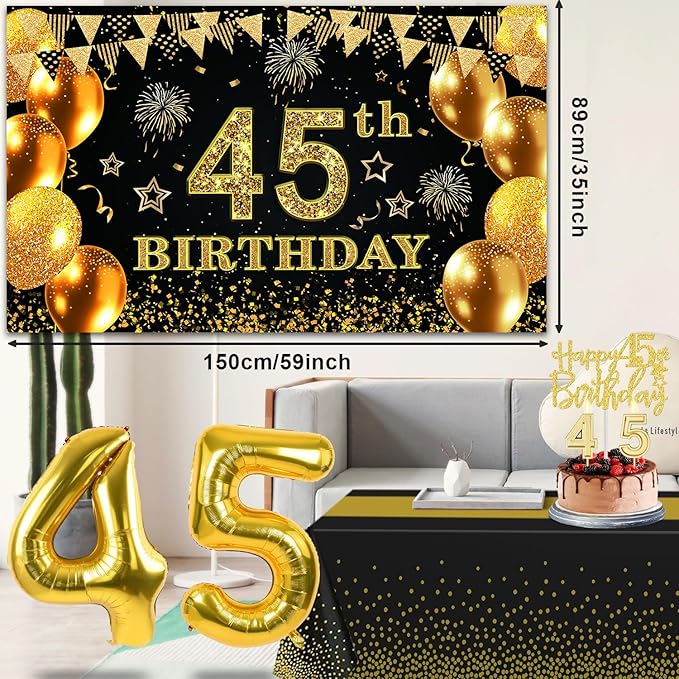 45th Birthday Decorations Men Women with 45th Birthday Banner Black