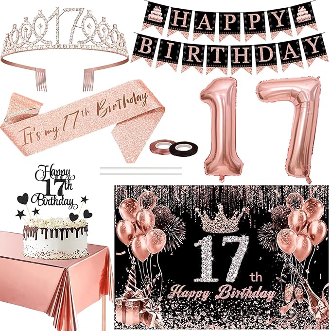 17th Birthday Decorations for Teen Girls Black Rose Gold Party Kit