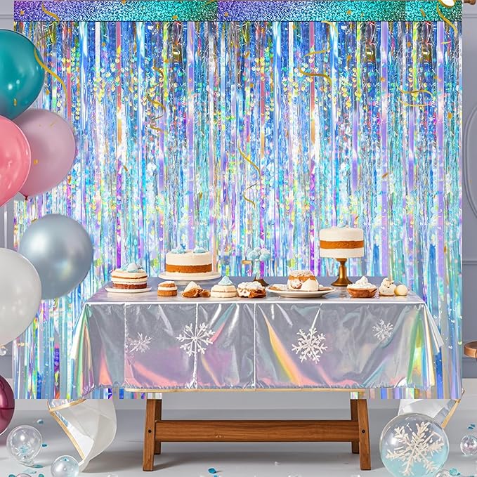 2 Packs Iridescent Foil Fringe Curtain, Neon Transparent Holographic