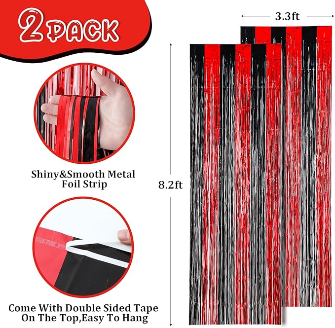 Voircoloria 2 Pack 3.3x8.2 Feet Red and Black Foil Fringe Backdrop