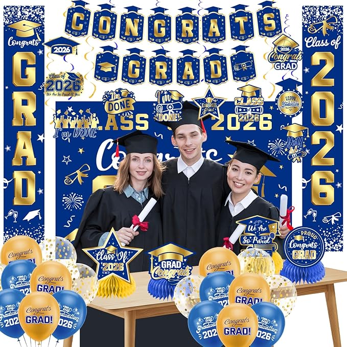 Graduation Decorations 2026 Blue and Gold Set, Congrats Grad Decor