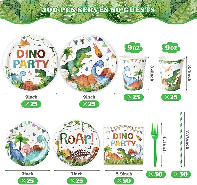 300 Pcs Dinosaur Plates and Napkins Serves 50 Guests Dinosaur
