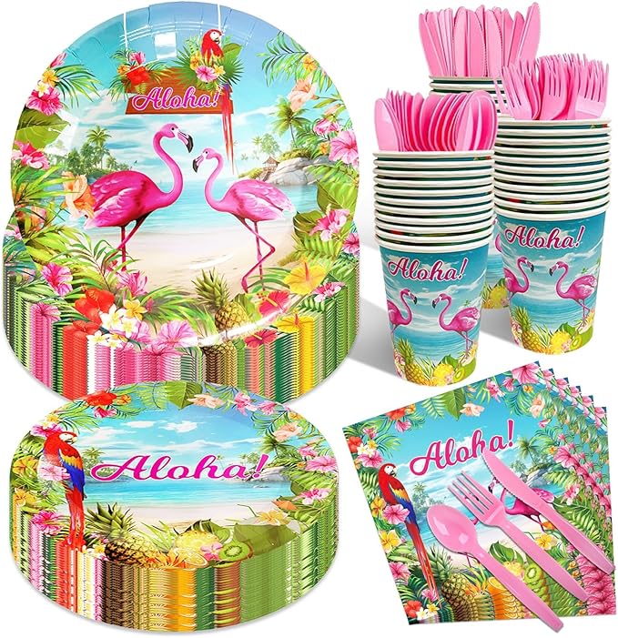 175 Pcs Aloha Tropical Flamingo Party Supplies Set Serves 25