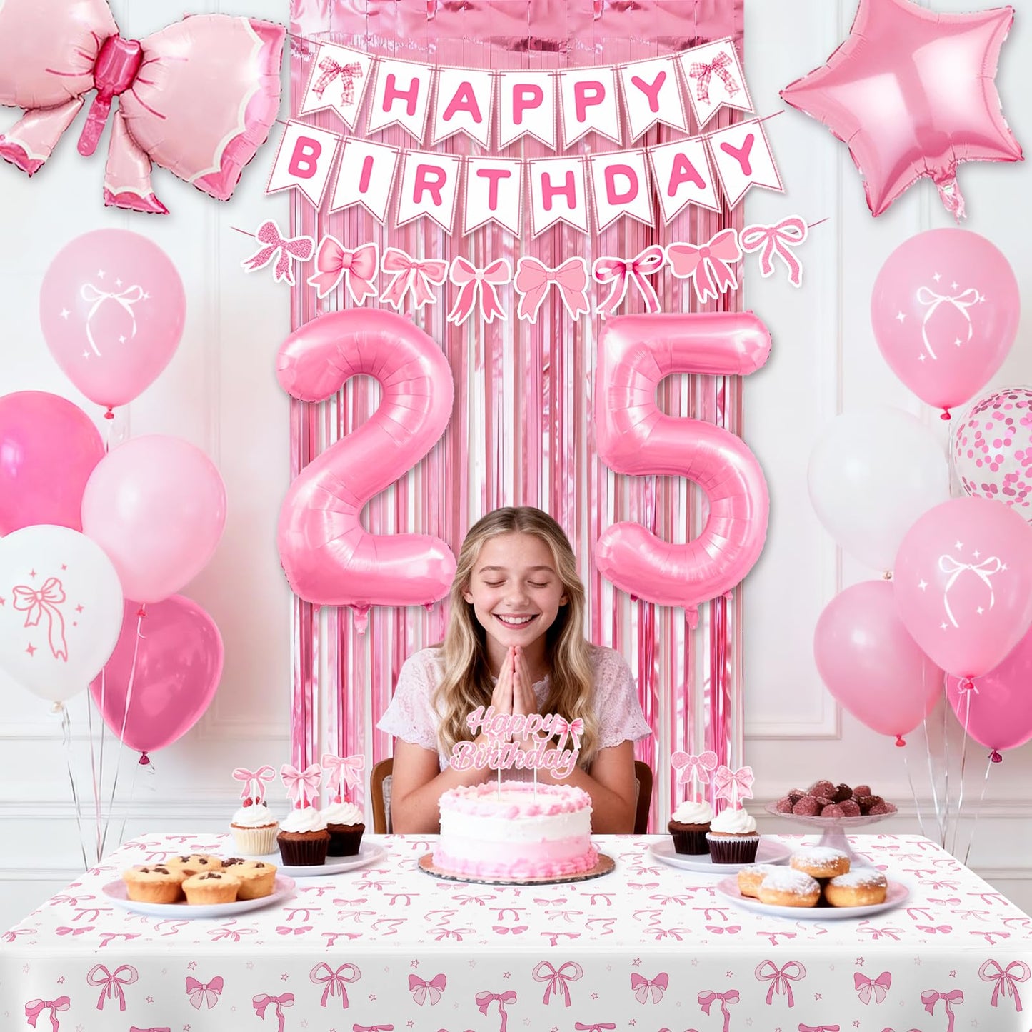 25th Pink Birthday Decorations for Women, Pink Bow Coquette Birthday