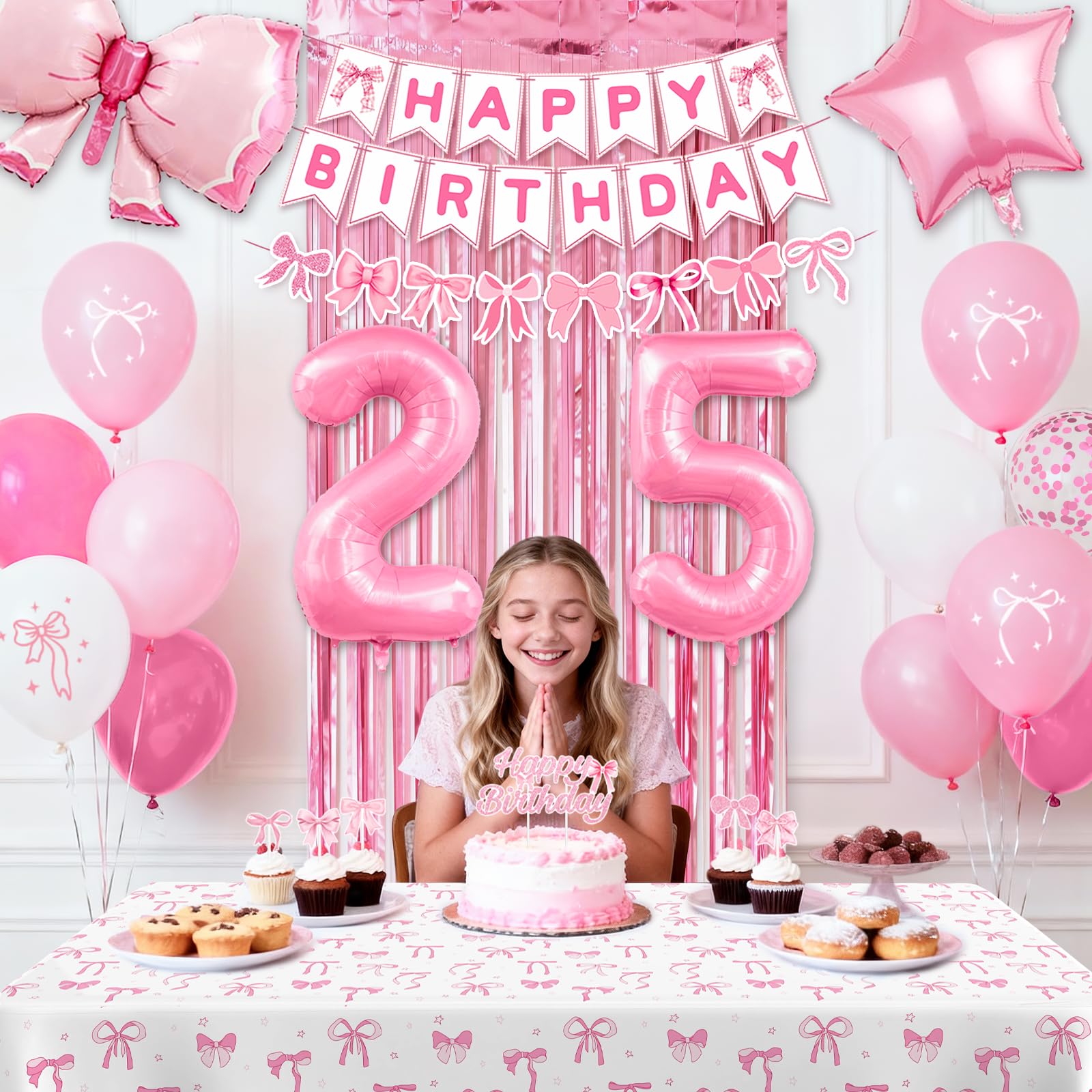 25th Pink Birthday Decorations for Women, Pink Bow Coquette Birthday