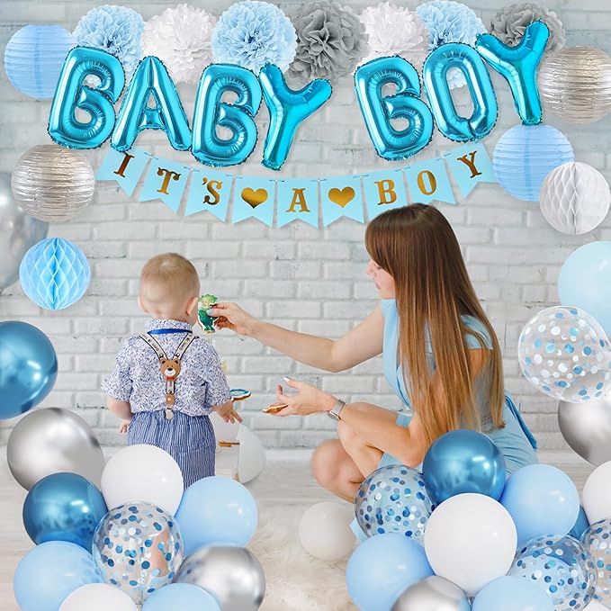Ouddy Party Blue Baby Shower Decorations with Its a Boy Banner Baby