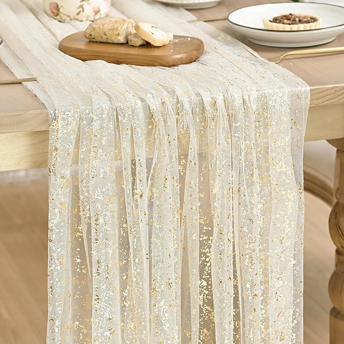 Artoid Mode Beige Gold Gauze Table Runner 59x120 Inch 10FT, Glitter