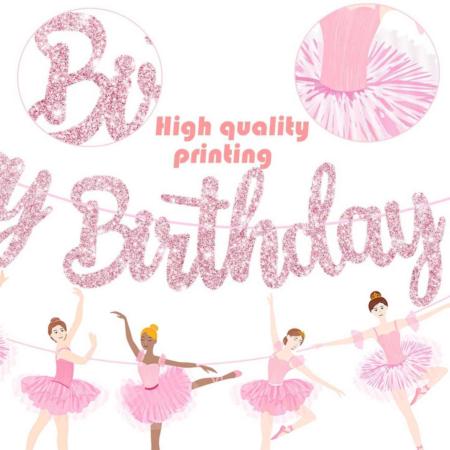 3Pcs Ballet Girls Happy Birthday Banners Glitter Pink Ballerina