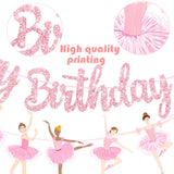 3Pcs Ballet Girls Happy Birthday Banners Glitter Pink Ballerina