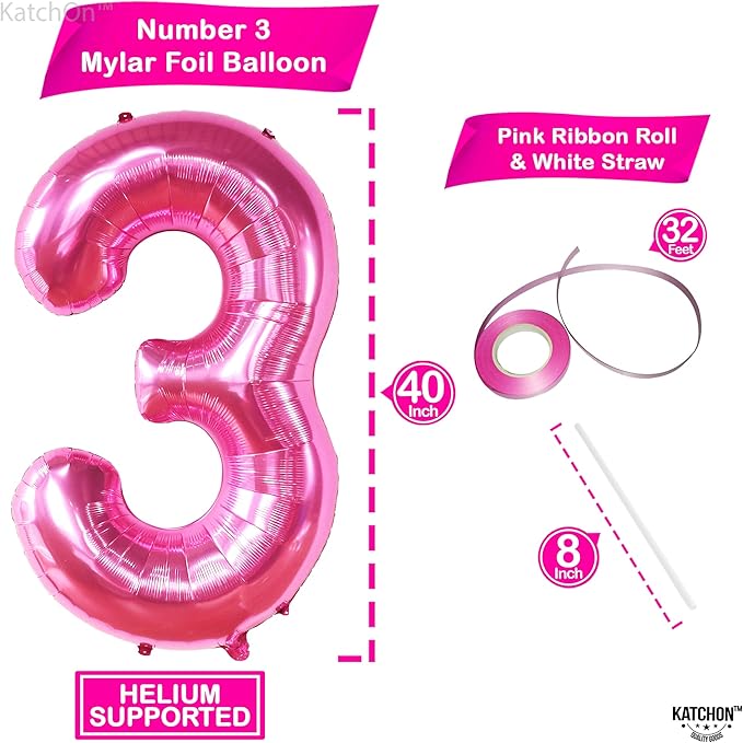 KatchOn, Giant Hot Pink Number 3 Balloon - 40 Inch | Number 3 Foil