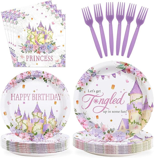 96Pcs Princess Birthday Party Supplies Purple Tower Castle Party