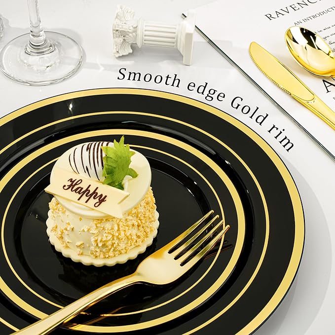 BESTVIP 300PCS Black Gold Dinnerware Set for 50 Guests, Plastic