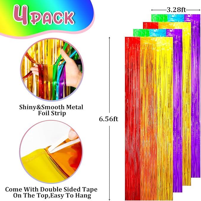 Voircoloria 4 Pack Rainbow Foil Fringe Backdrop Curtains, Tinsel