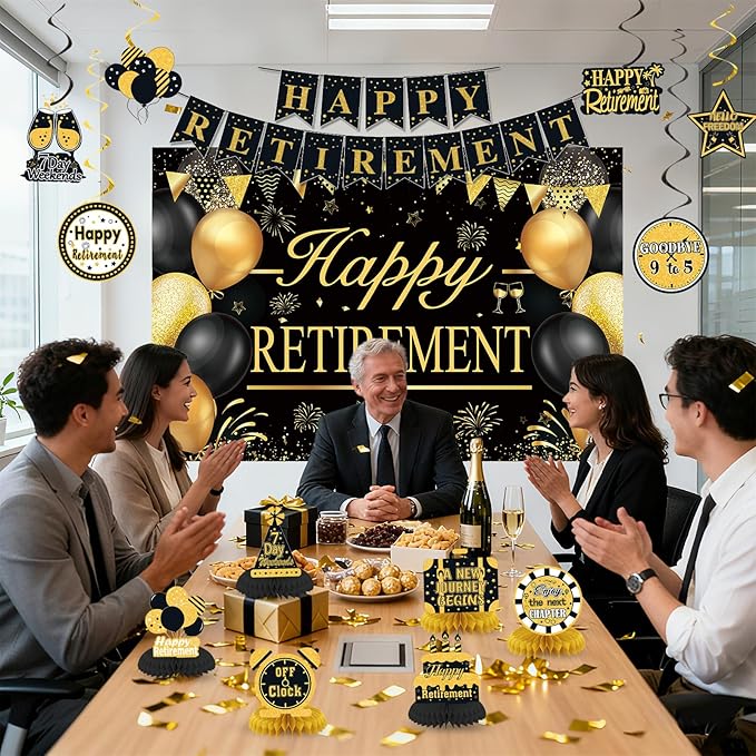 Retirement Party Decorations for Men Women Black Gold Happy Retirement