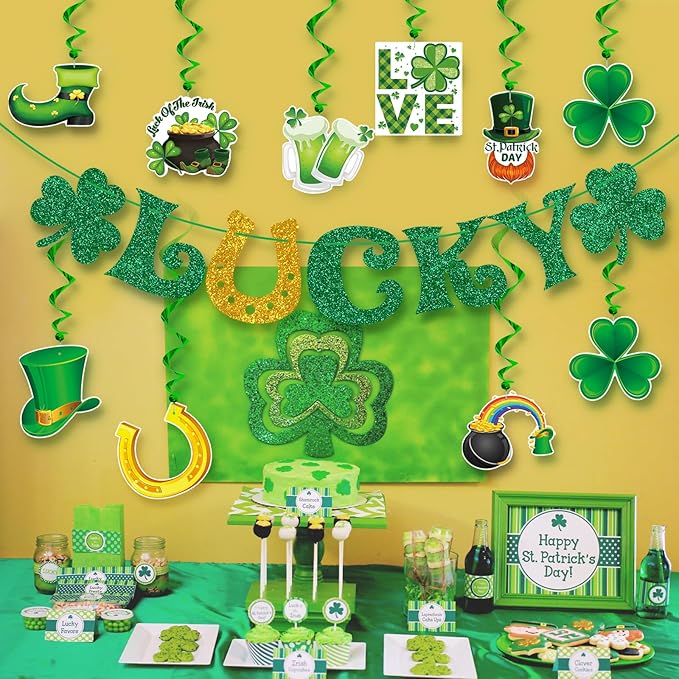 St Patrick's Day Decorations Kit with Banner 10 Hanging Swirls NO