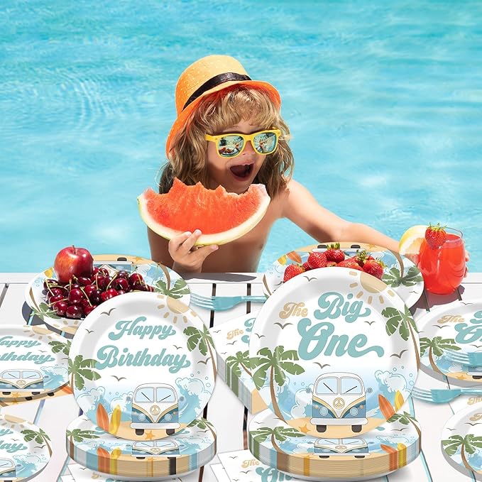 Summer Beach The Big One Party Plates Napkins Boy Surfing First