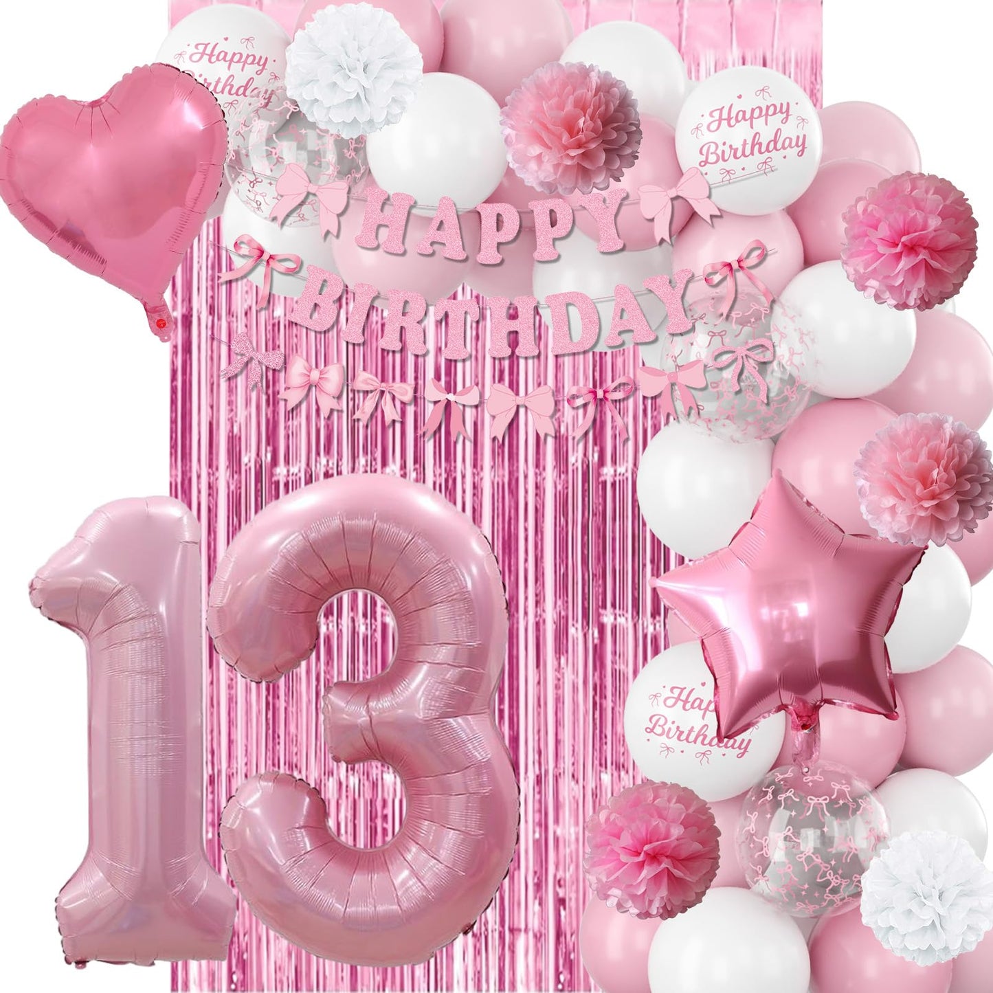 13th Birthday Decorations for Girls Pink Number 13 Balloon Bow
