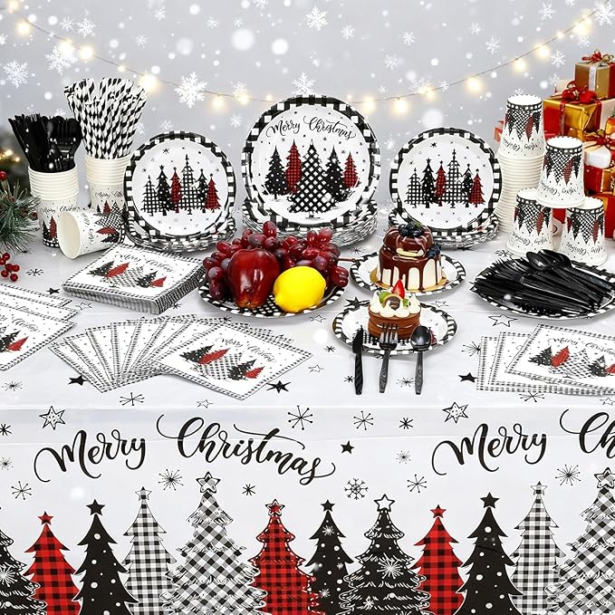 452 Pcs Christmas Tree Party Supplies for 50, Black Buffalo Plaid