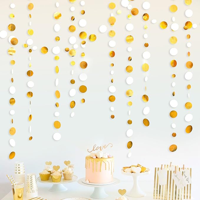 46 Feet White and Gold Circle Dots Garland Hanging Paper Polka Dots