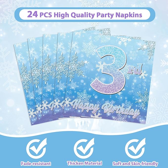 Snowflake Winter Wonderland 3rd Birthday Paper Plates Napkins Forks