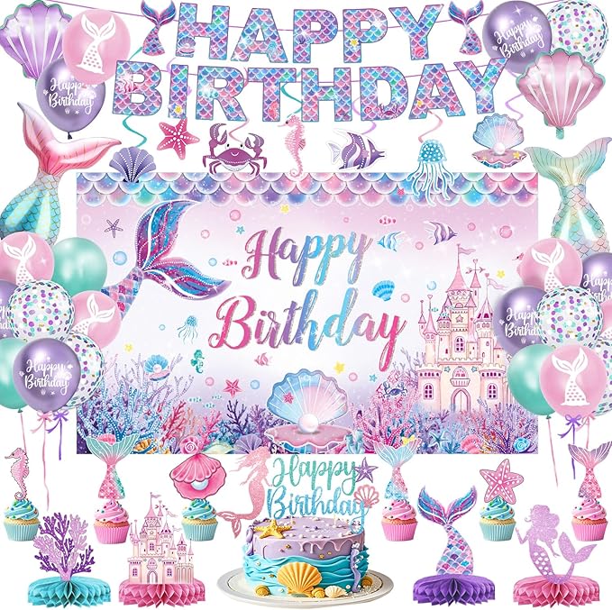 Mermaid Birthday Decorations Includes Banner Backdrop Foil &
