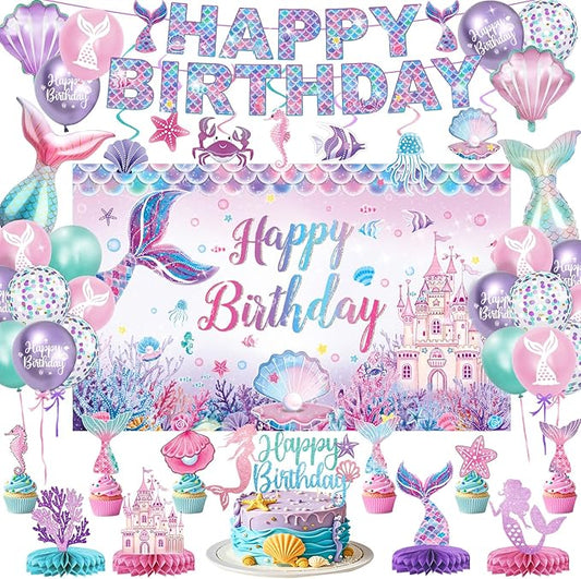 Mermaid Birthday Decorations Includes Banner Backdrop Foil &